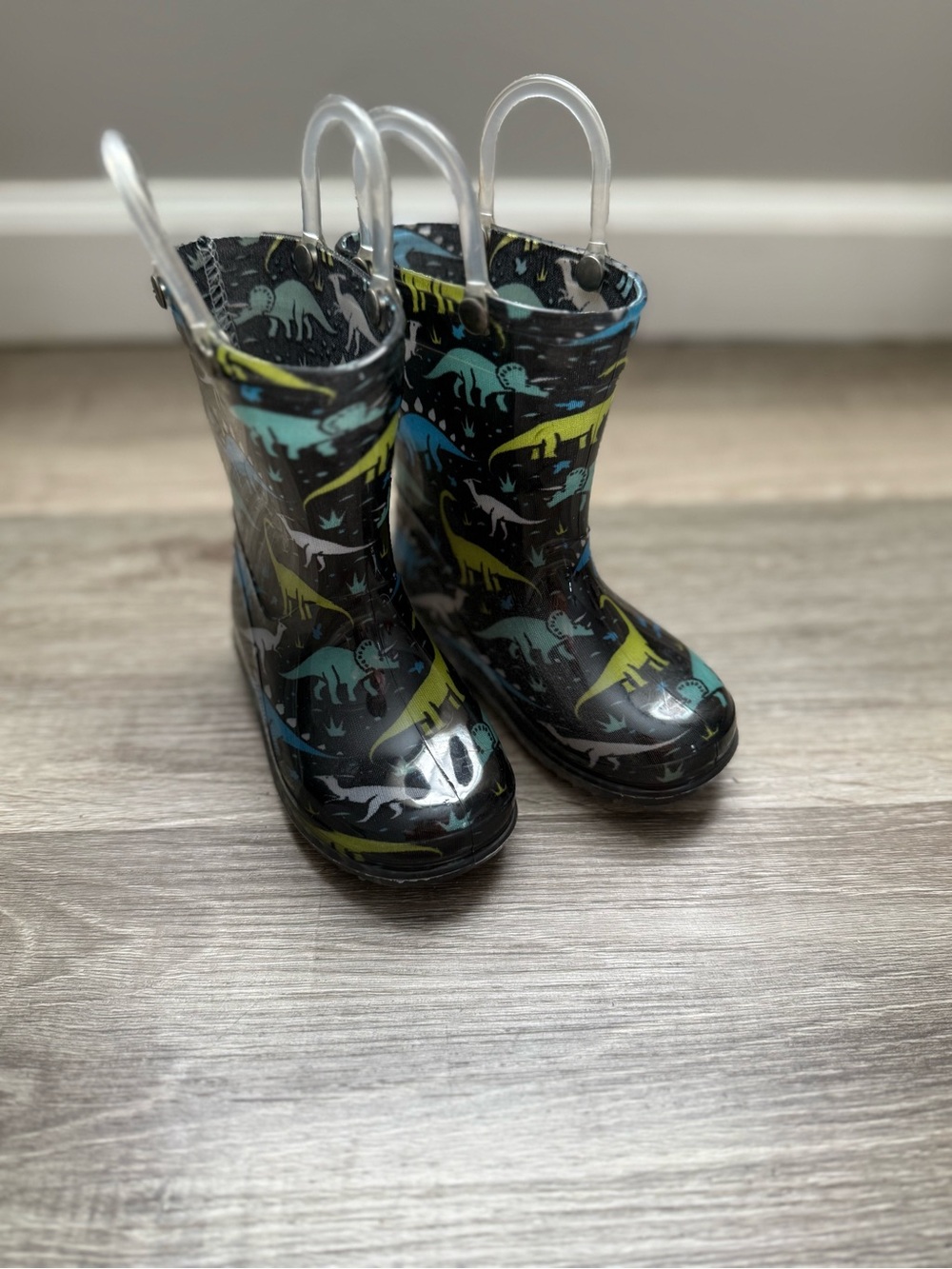 Othr Kids Rain Boots in Black with Blue & Green Dinosaur Print